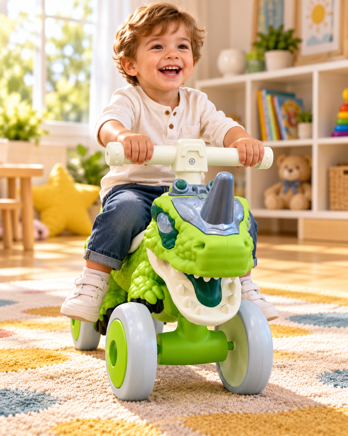 Niño usando el triciclo correpasillos Dinosaurio 6008