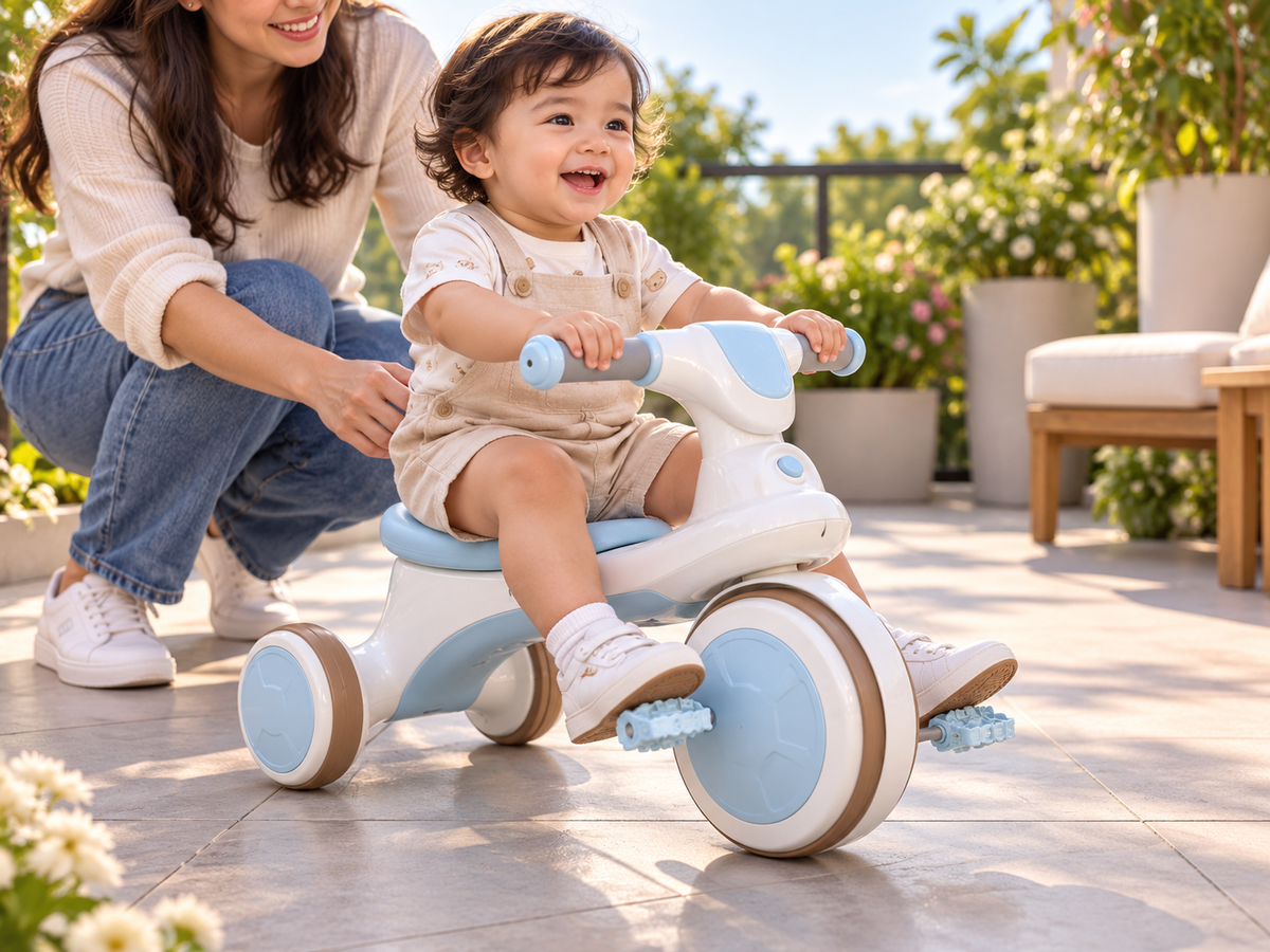 Niño usando el triciclo infantil 606 con supervisión adulta