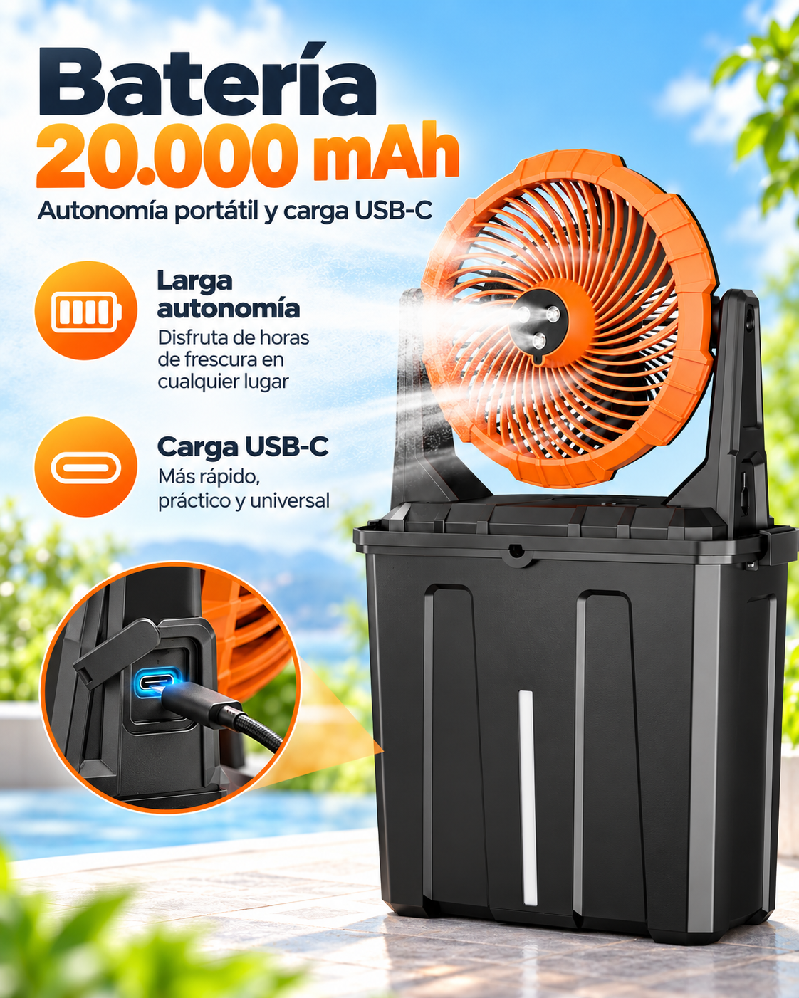 A32 naranja con batería 20000 mAh y USB-C