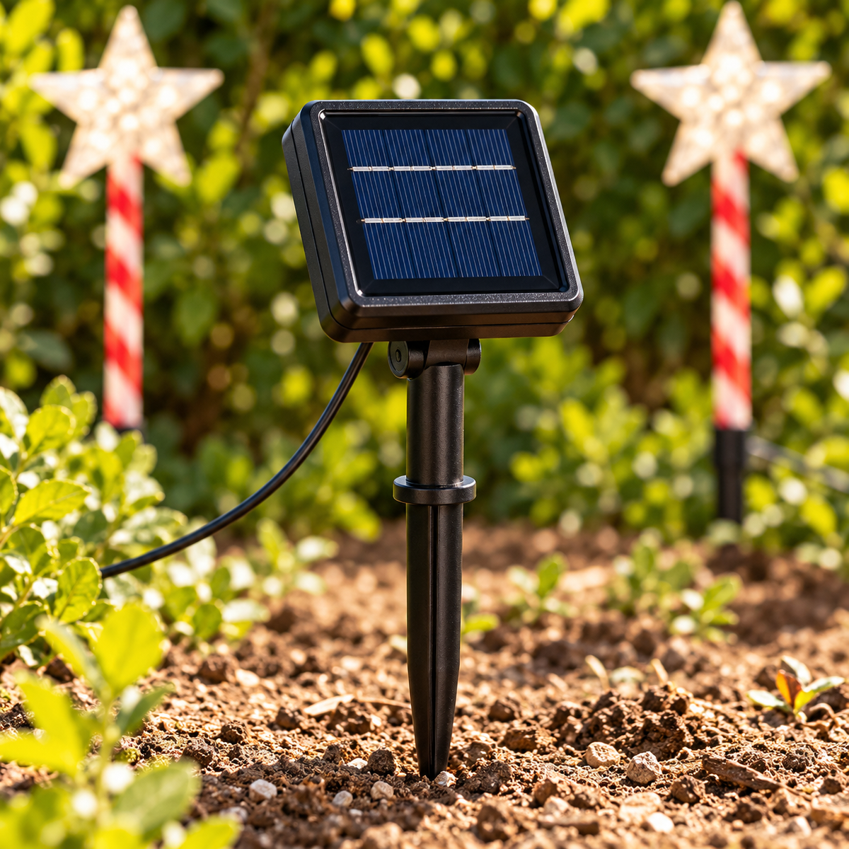 Detalle del panel solar compartido y su soporte orientable en un jardín