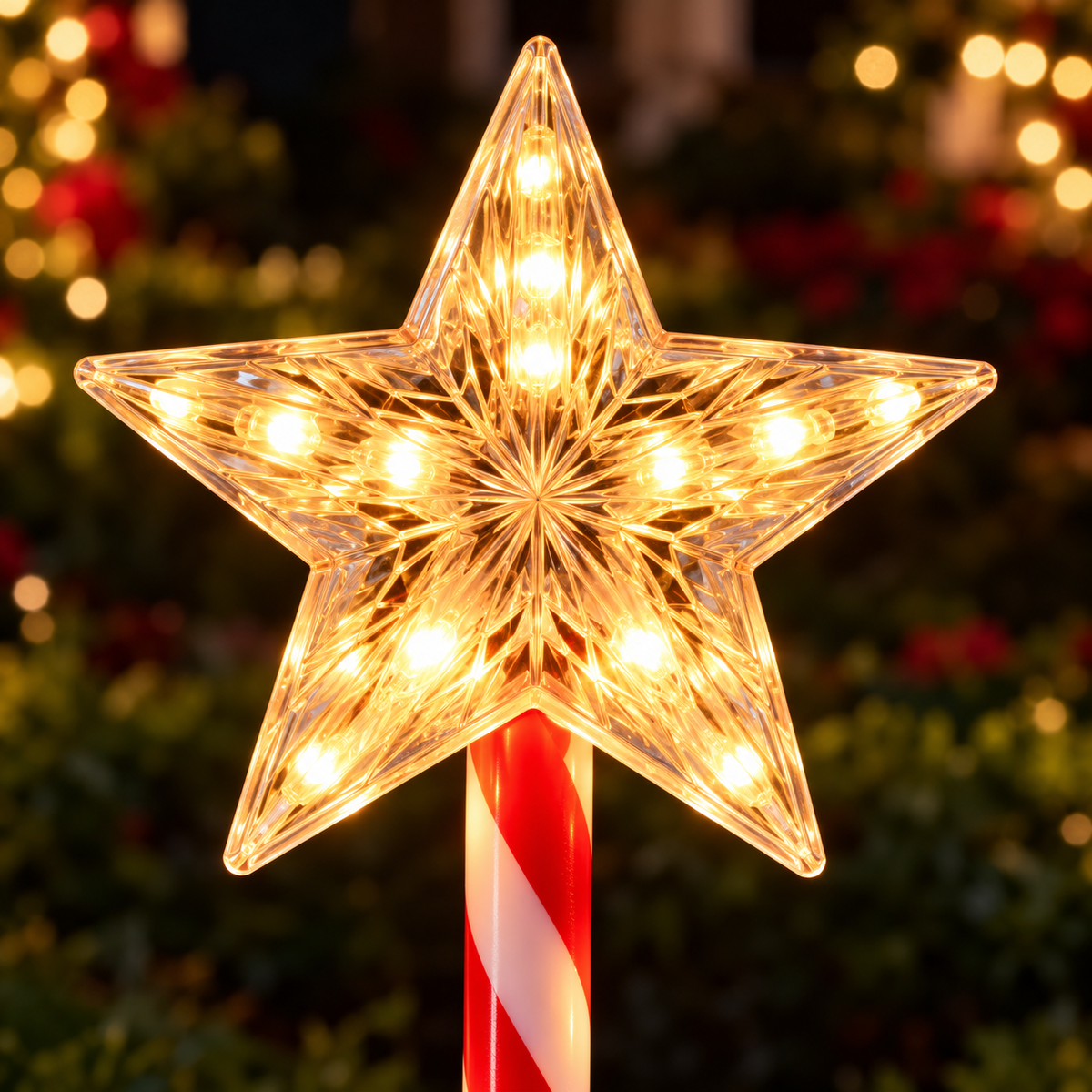 Detalle de la estrella transparente de cinco puntas con iluminación cálida