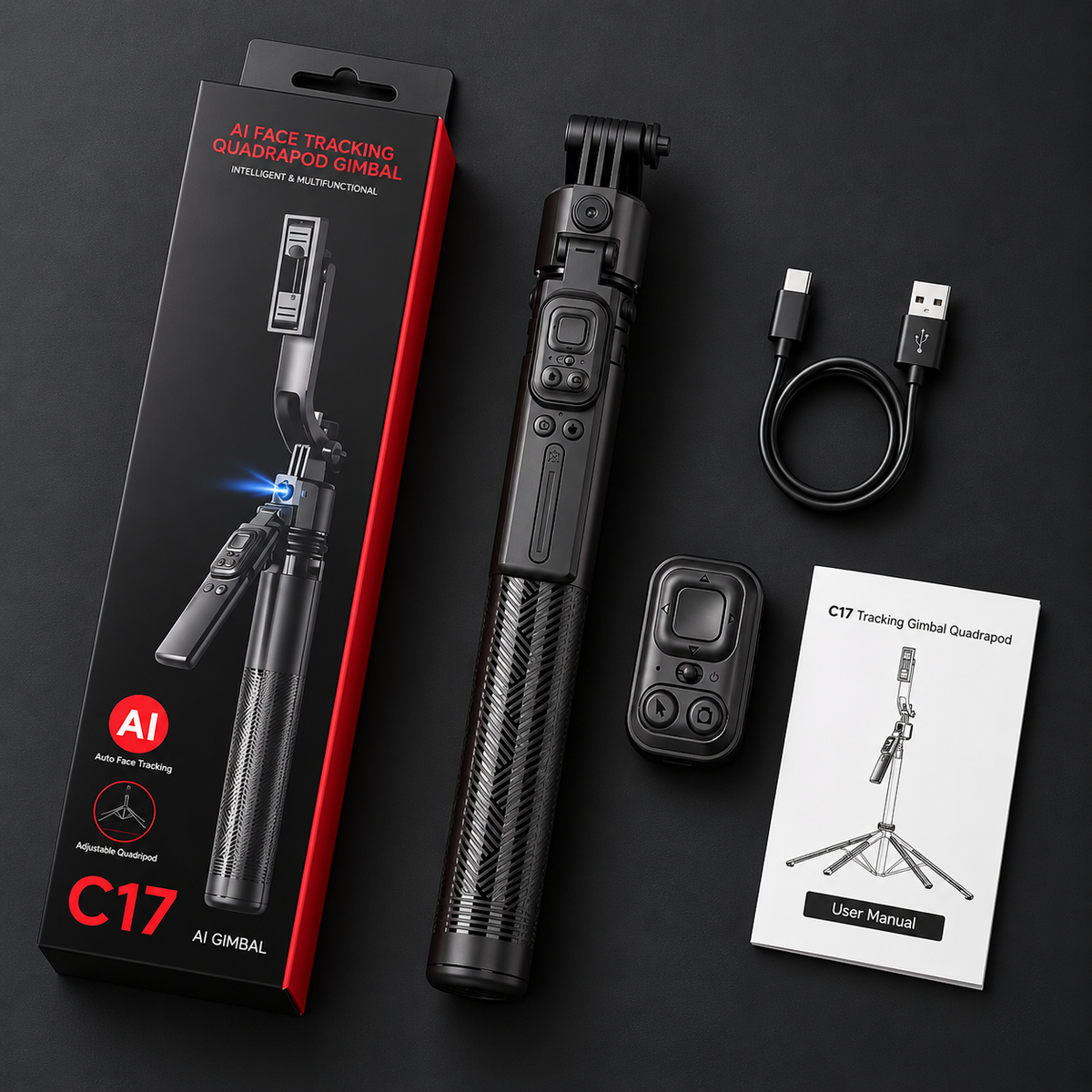 Kit C17 con gimbal control remoto cable y manual