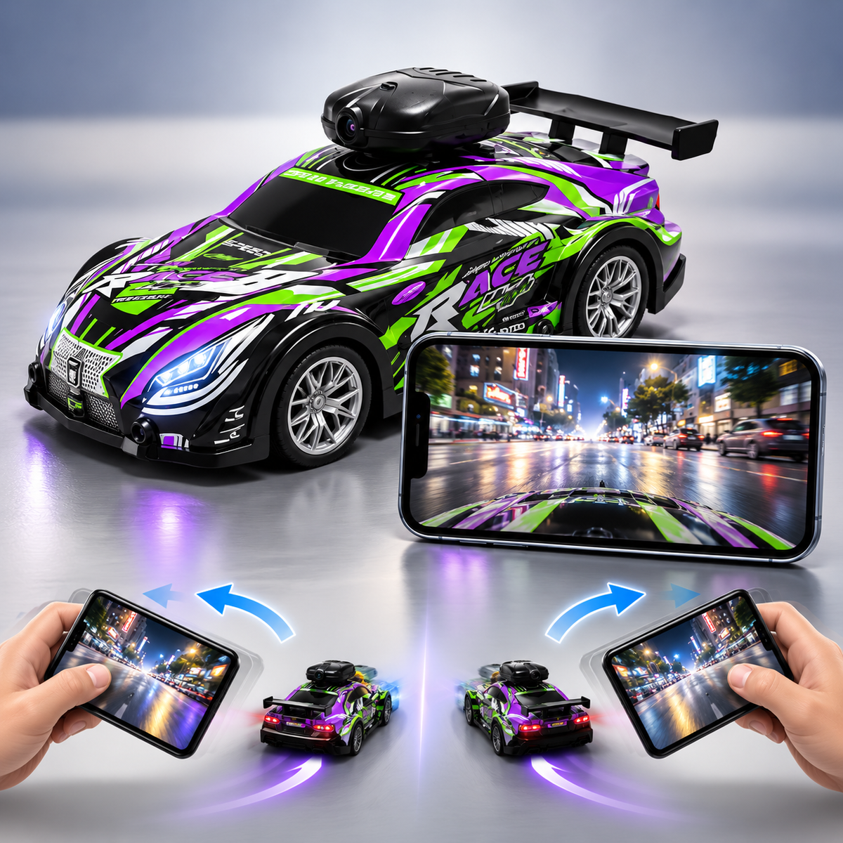 Carro RC con cámara junto a control remoto, batería y cable USB
