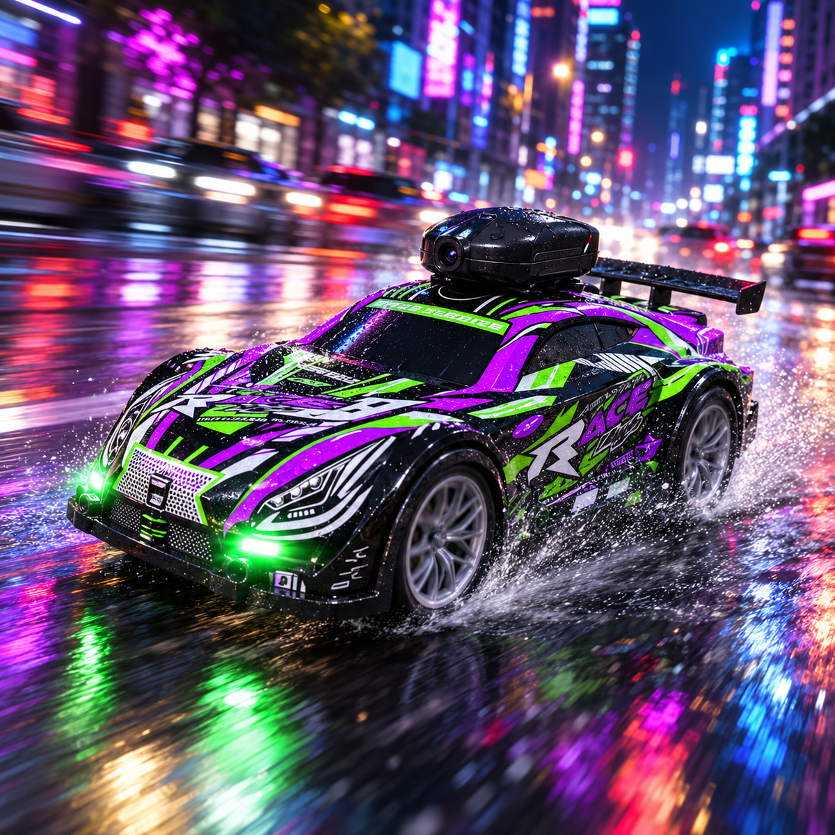 Carro RC con cámara y luces LED en conducción nocturna