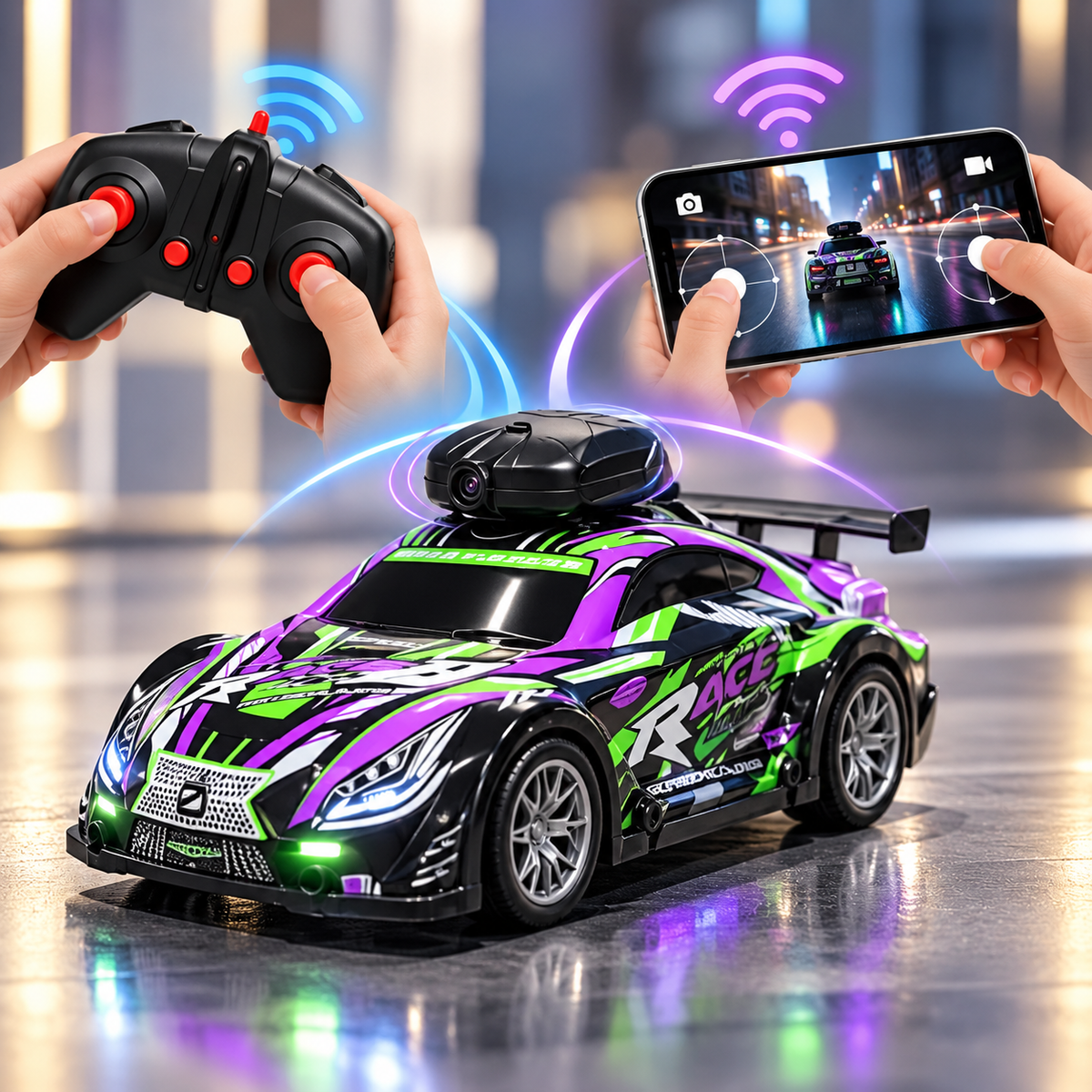 Carro RC con cámara controlado por mando físico y aplicación móvil