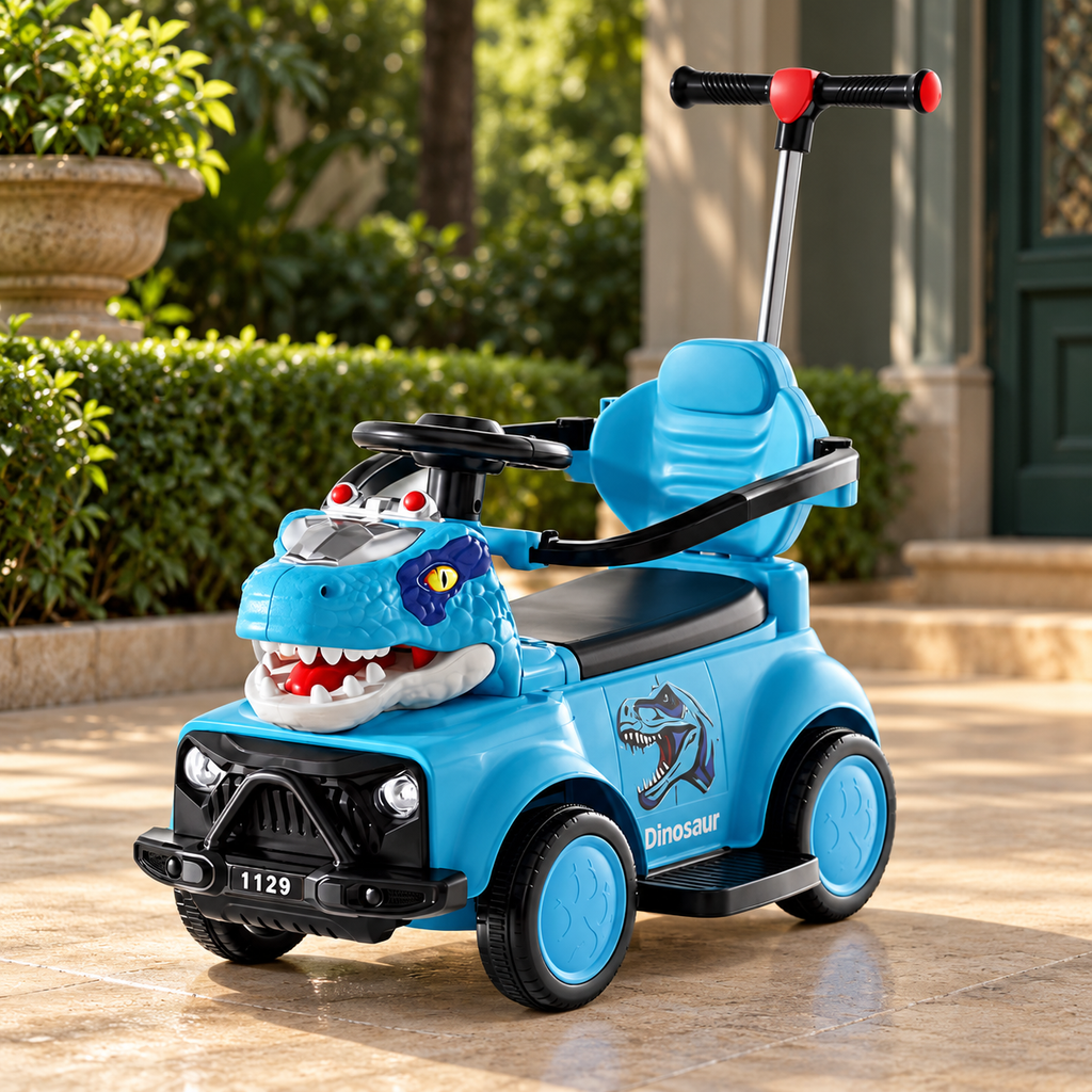Carro montable de dinosaurio azul con barra de empuje
