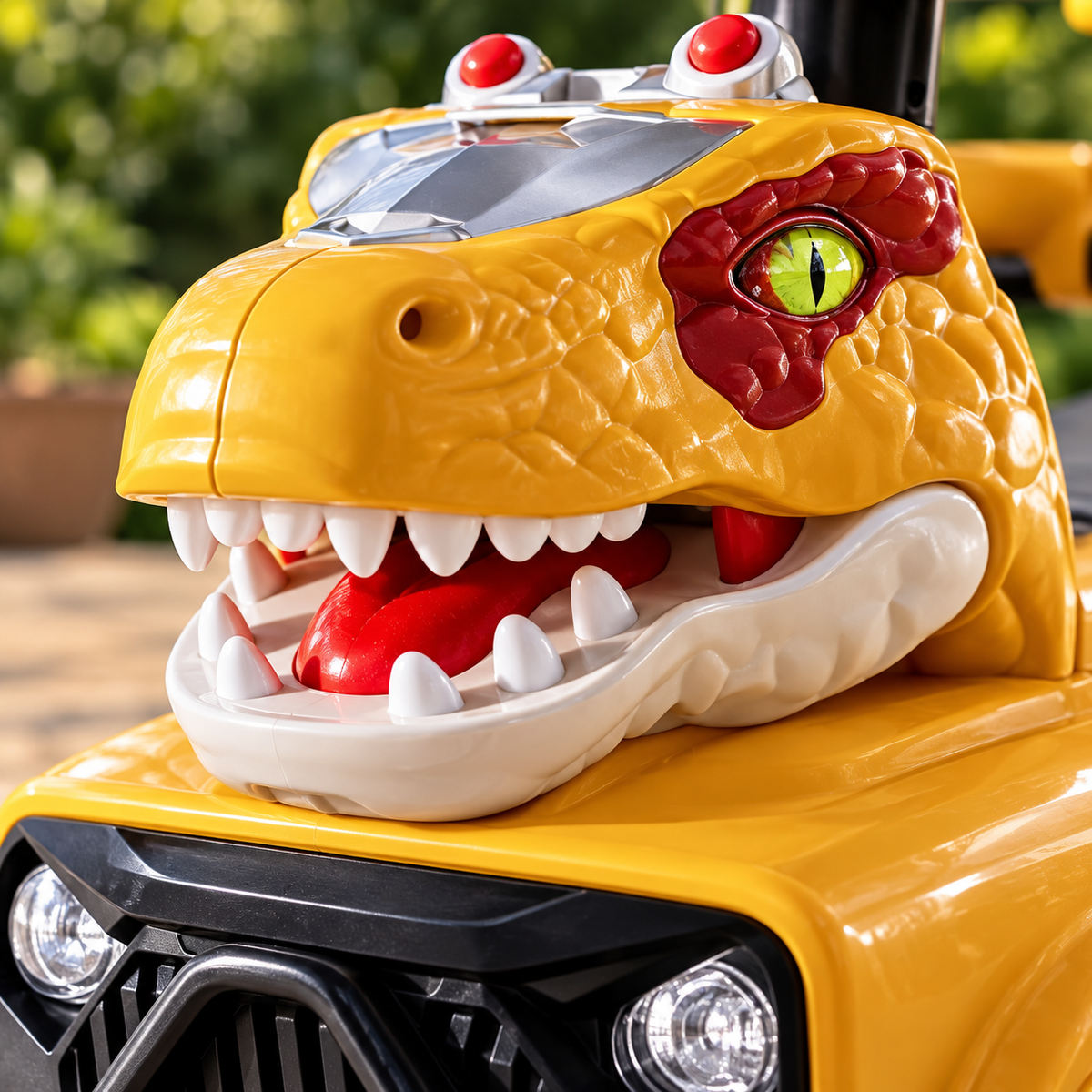 Detalle de la cabeza de dinosaurio del carro montable amarillo