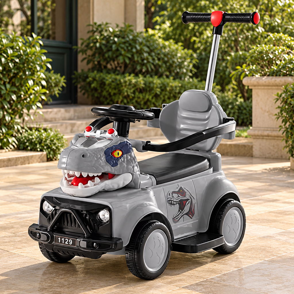 Carro montable de dinosaurio gris con barra de empuje
