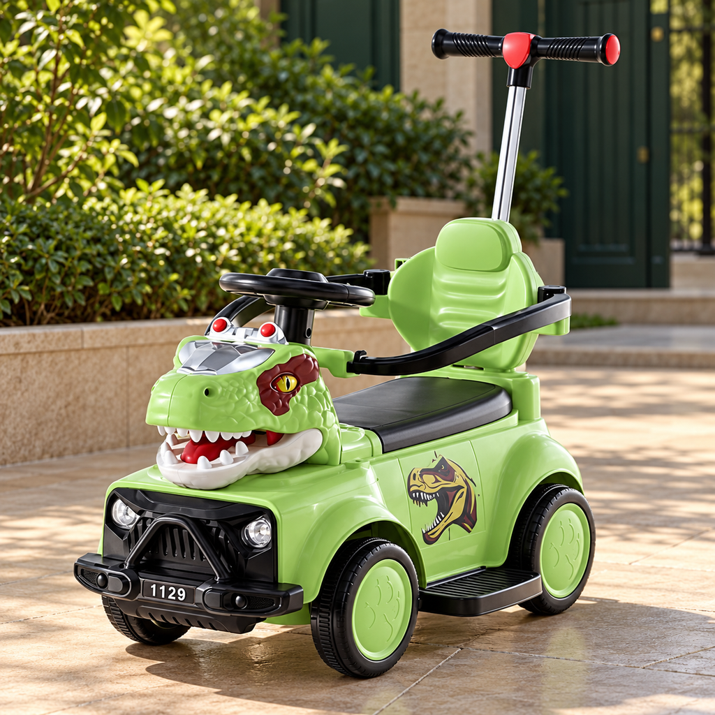 Carro montable de dinosaurio verde con barra de empuje