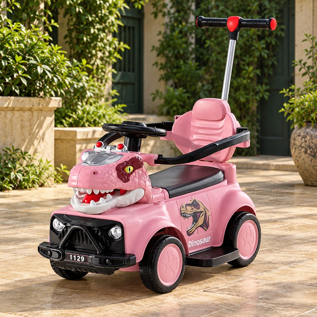 Carro montable de dinosaurio rosado con barra de empuje