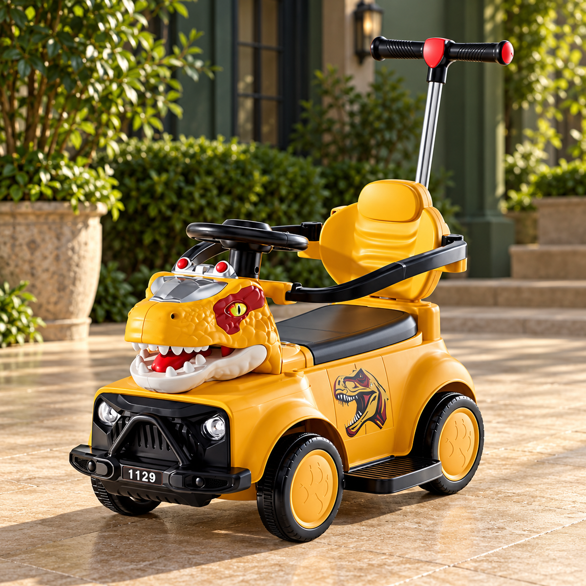 Carro montable de dinosaurio amarillo con barra de empuje
