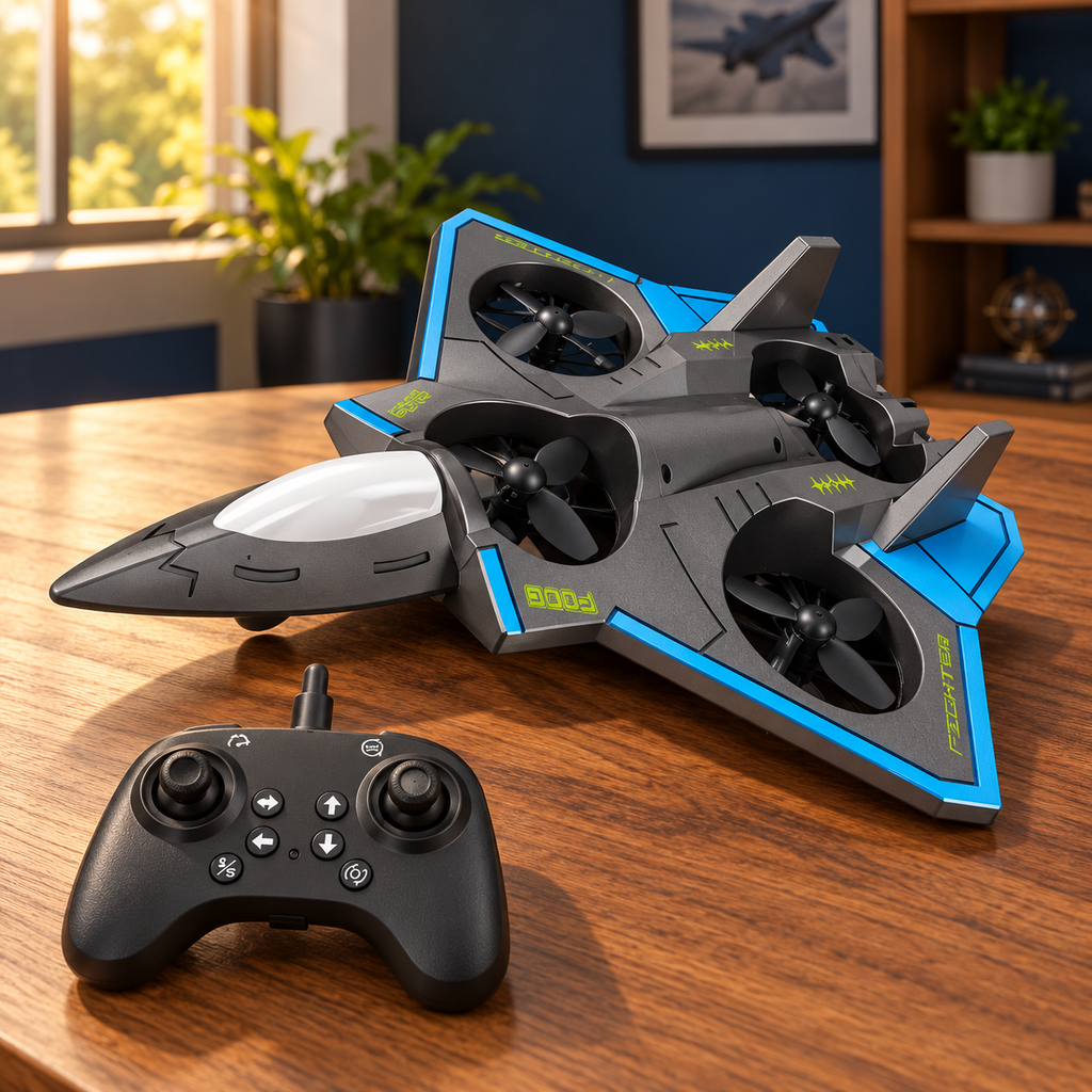 Dron de juguete tipo avión de combate con detalles azules y control remoto sobre mesa de madera