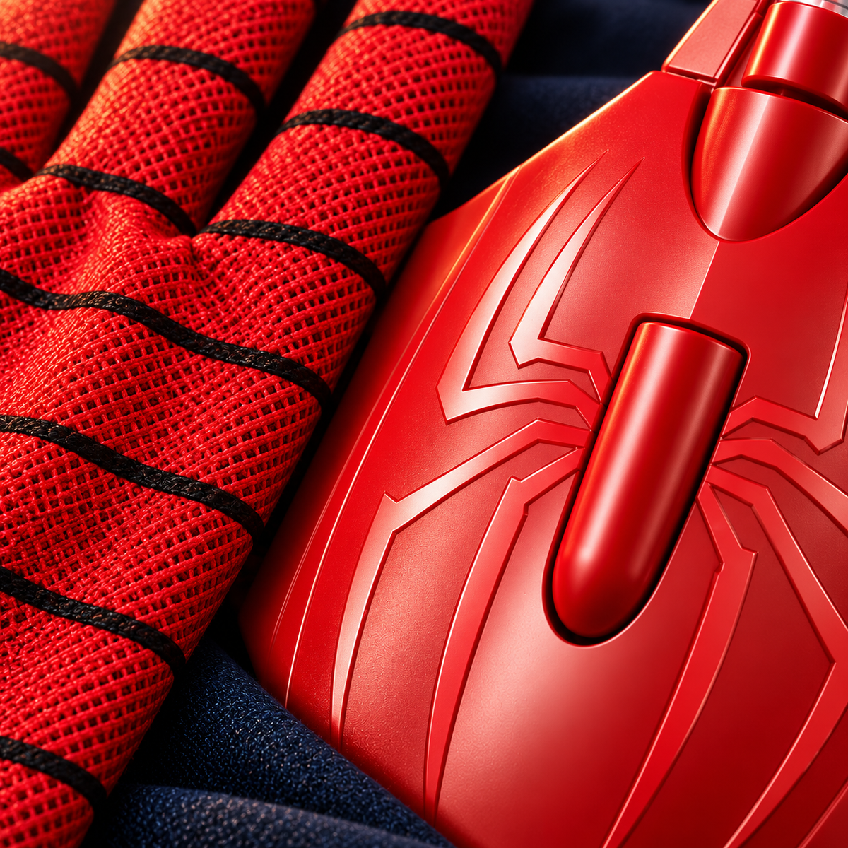Detalle del guante rojo tejido y el relieve de araña en la carcasa del lanzador