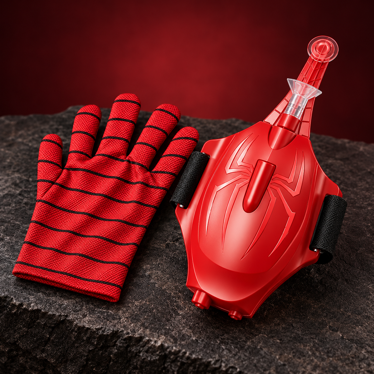 Guante rojo y lanzador de telaraña recargable con carcasa roja
