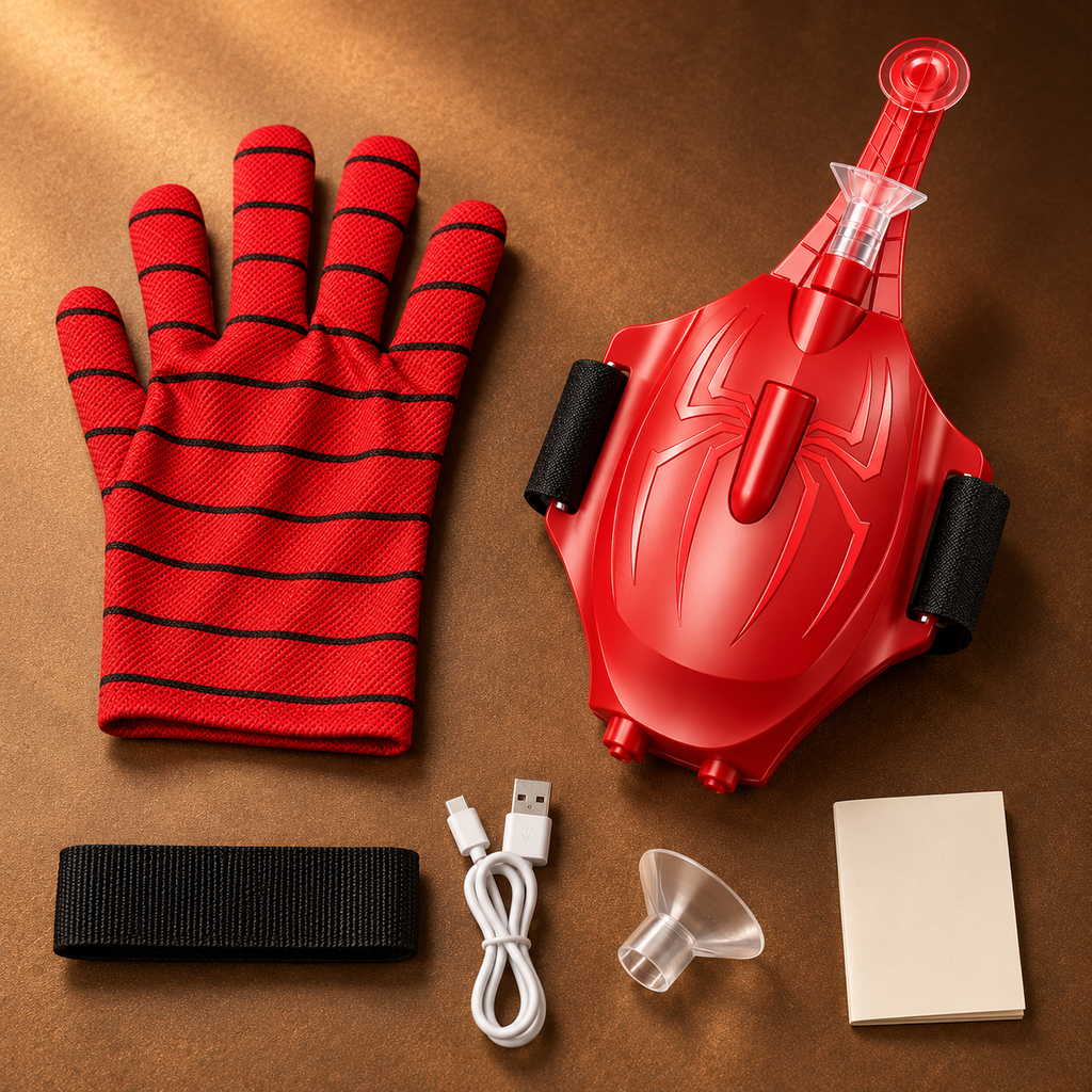 Kit rojo con lanzador, guante, correa, cable USB, ventosa y manual