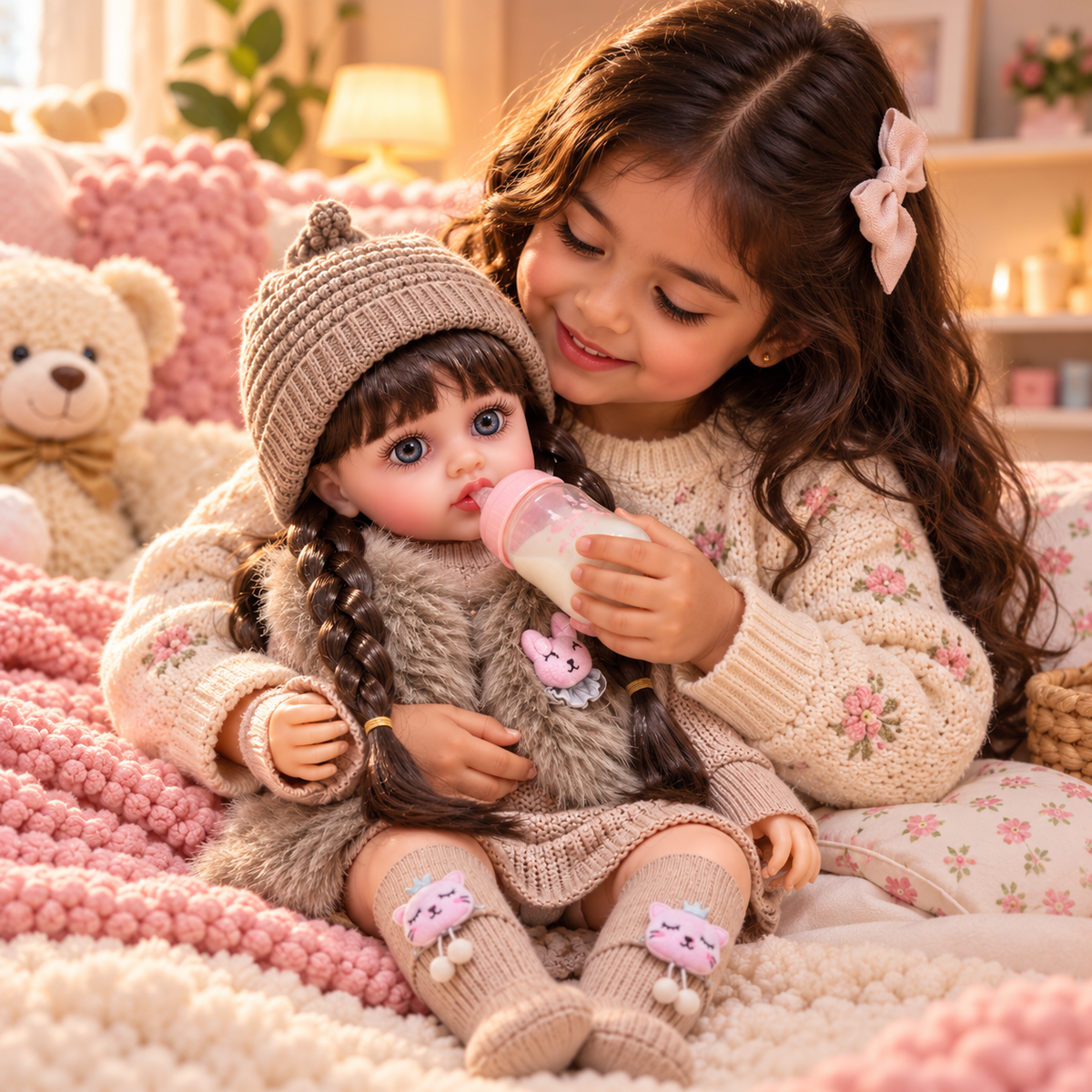 Niña latina alimentando y cuidando una muñeca Reborn JX-299