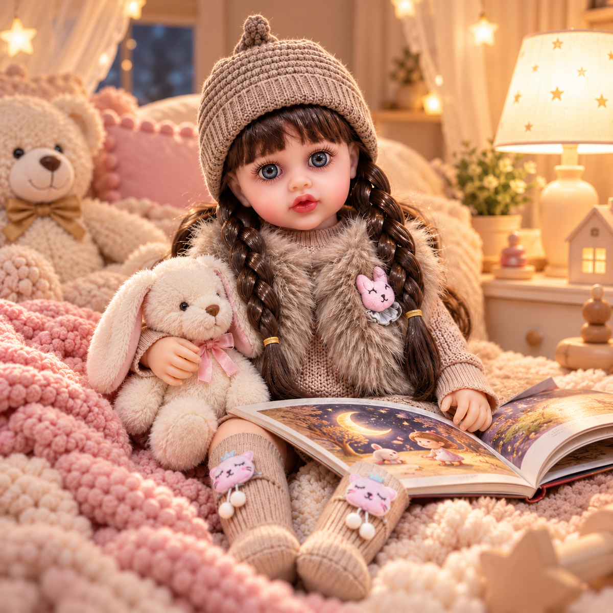 Muñeca Reborn JX-299 en escena de lectura y compañía