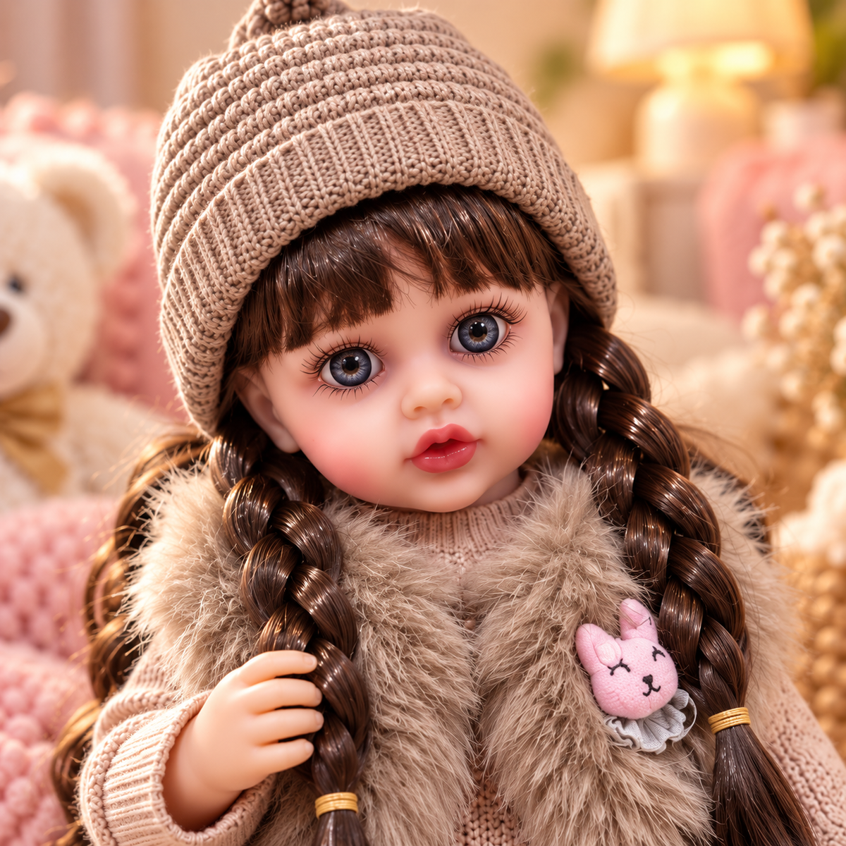 Primer plano de muñeca Reborn JX-299 Premium con trenzas