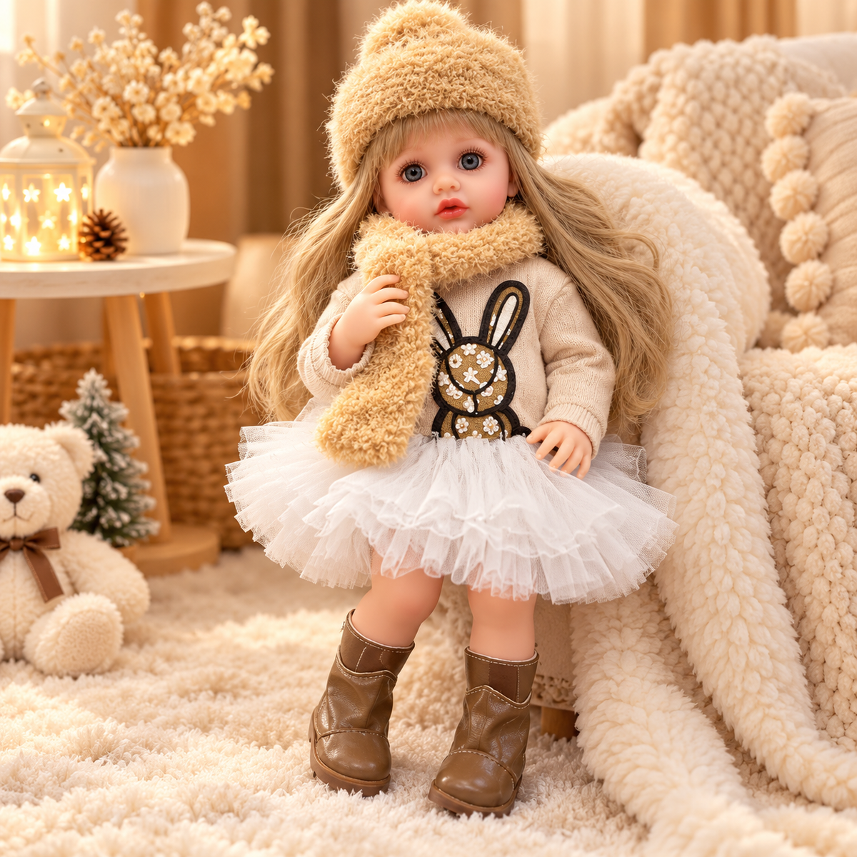 Muñeca Reborn JX-299S con outfit invernal en ambiente acogedor