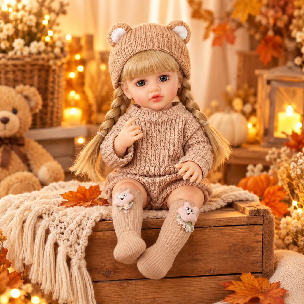 Muñeca Reborn JX-299S compacta con gorro de osito en escena otoñal
