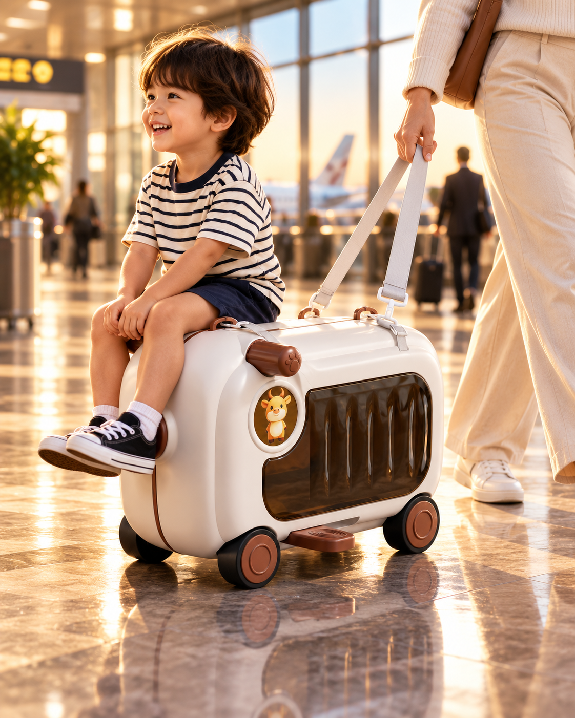 Niño usando la maleta correpasillos JXJ-08 en aeropuerto