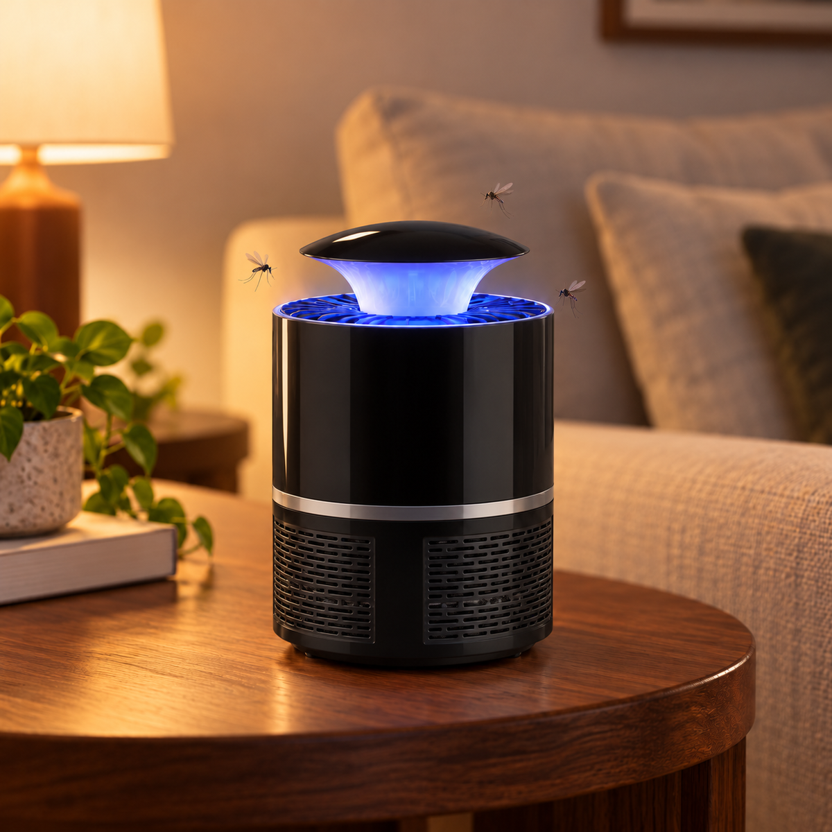 Lámpara USB atrapa mosquitos negra con zancudos próximos a la entrada iluminada; imagen ilustrativa