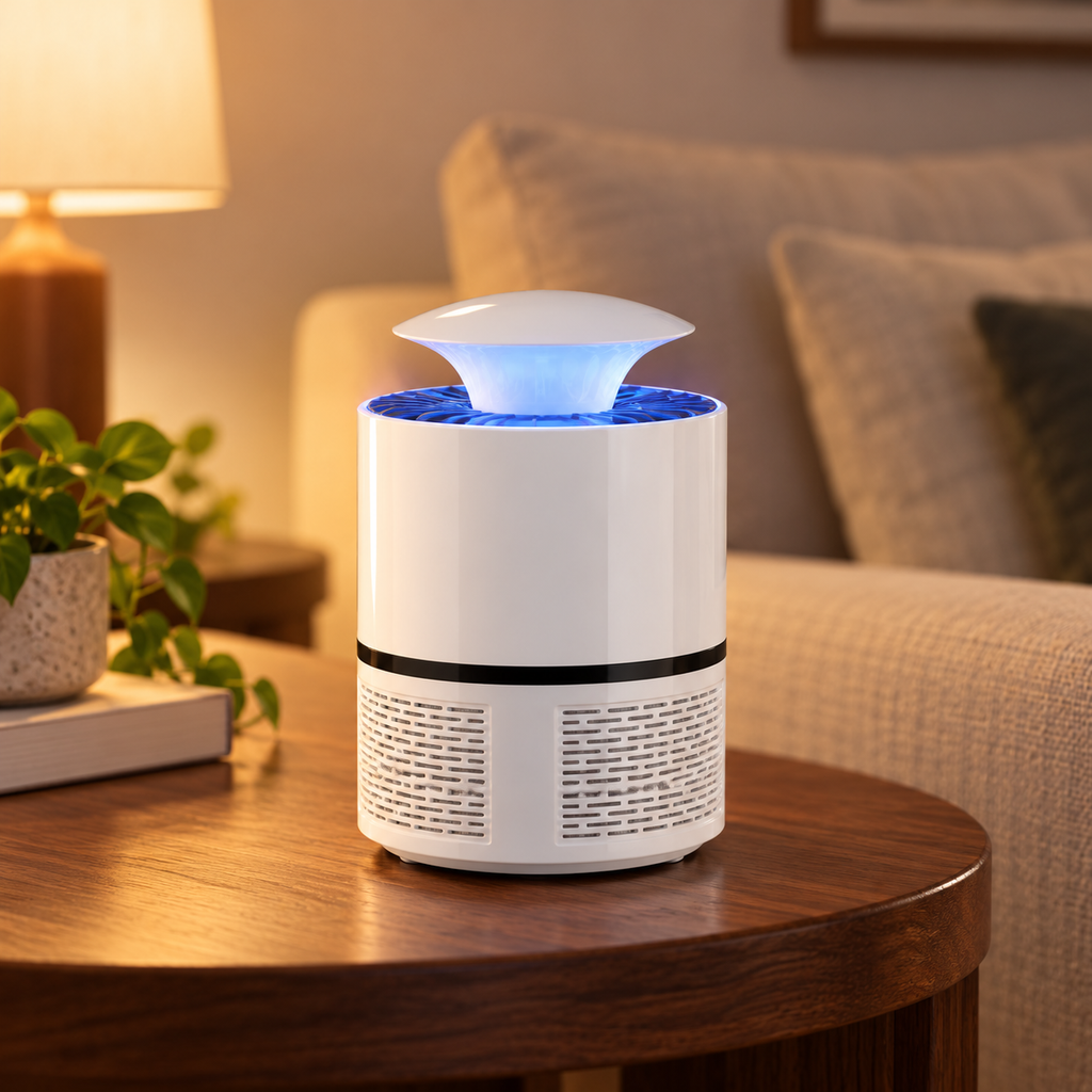 Lámpara USB atrapa mosquitos sobre mesa de madera en una sala cálida