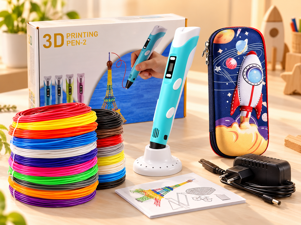 Contenido del combo Lápiz 3D PEN-2 con filamentos y accesorios