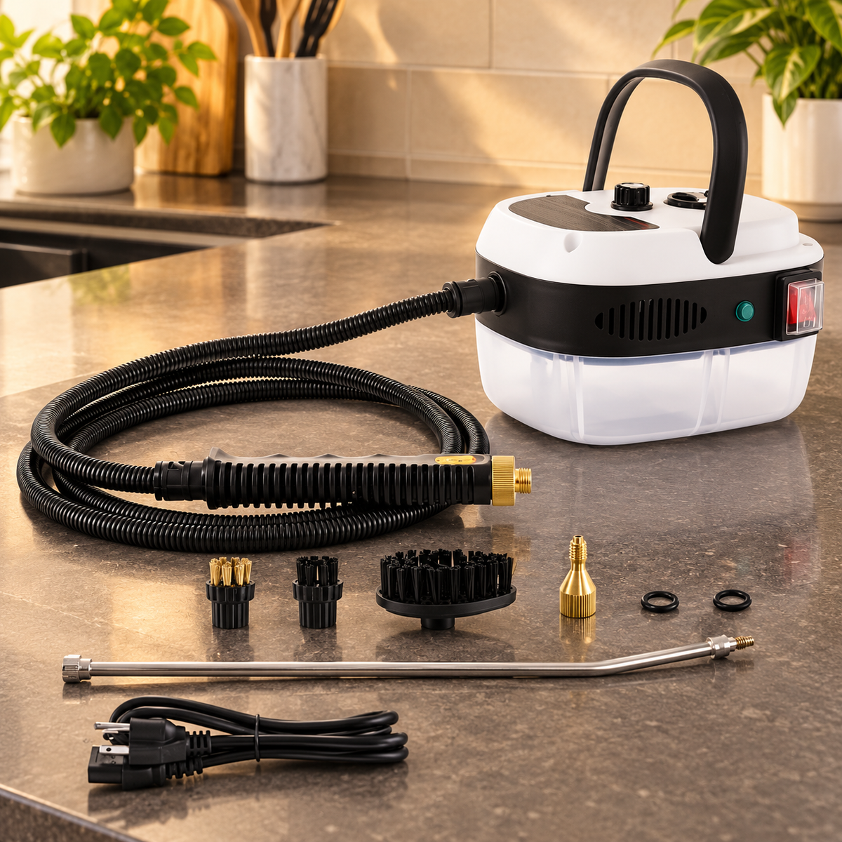 Limpiadora de vapor blanca y negra con manguera y accesorios sobre una encimera de cocina