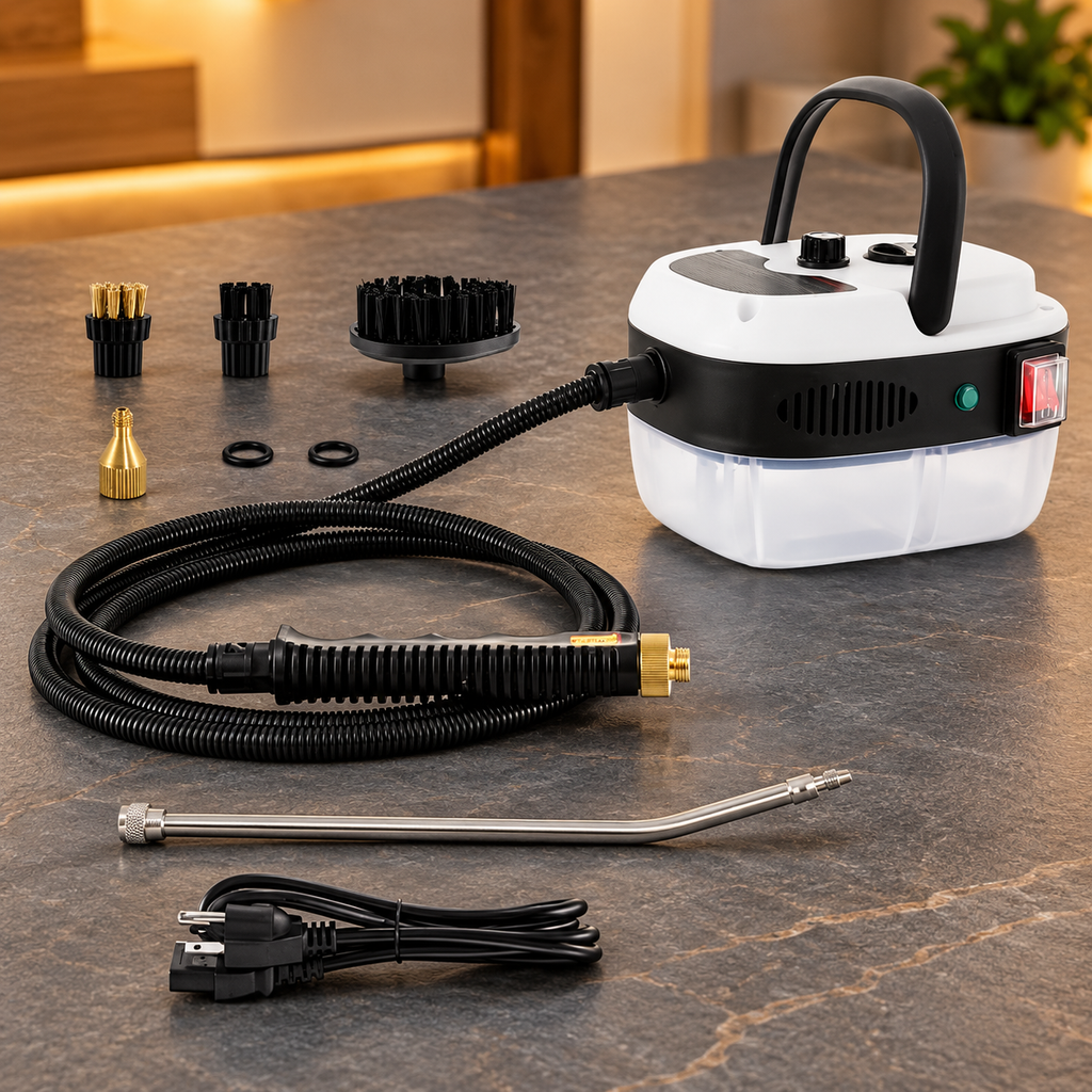 Equipo con manguera, tres cepillos, extensión, adaptador, dos juntas y cable