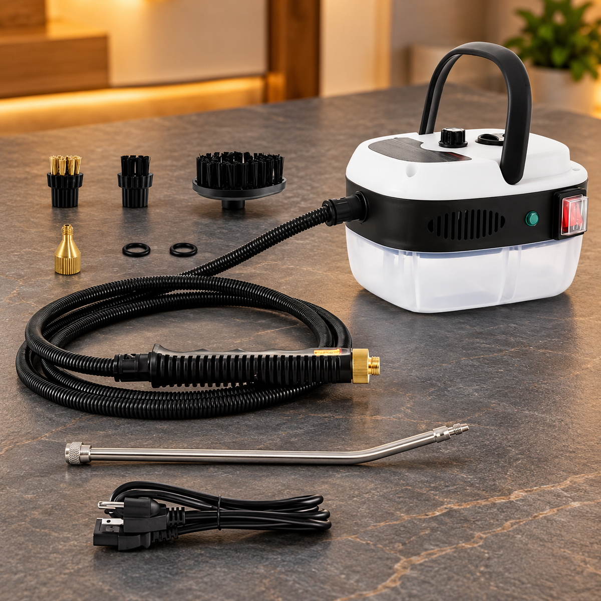 Equipo con manguera, tres cepillos, extensión, adaptador, dos juntas y cable