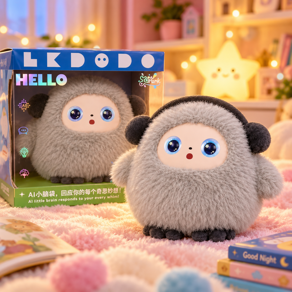 Peluche inteligente LKDODO Bobo con caja en ambiente infantil