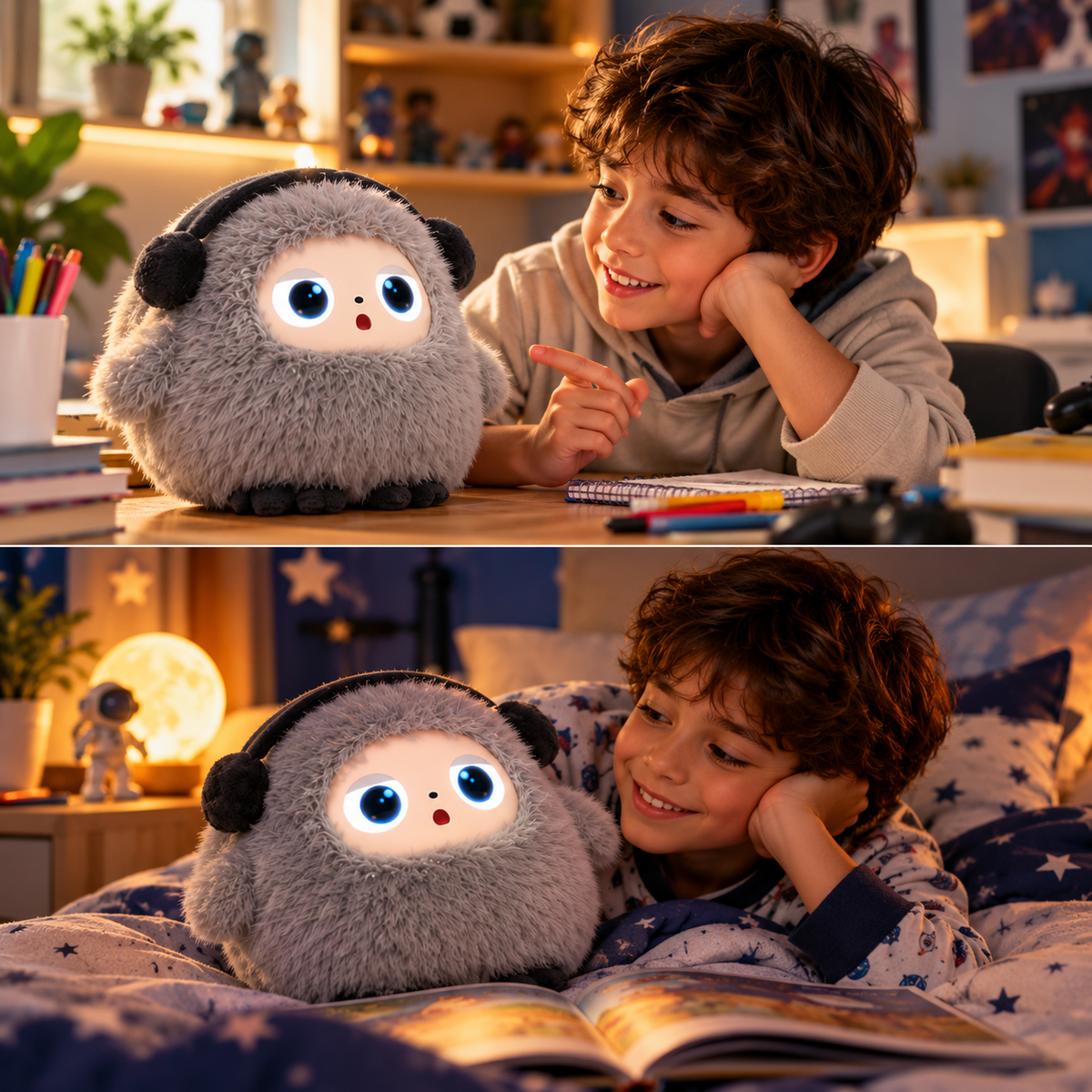 Niño latino interactuando con peluche inteligente LKDODO durante el día y la noche