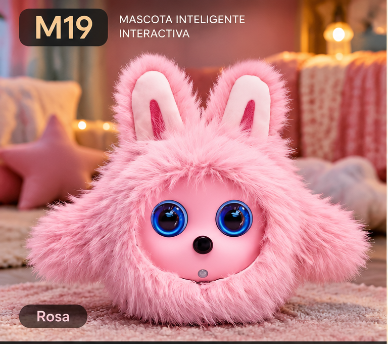M19 Rosa con orejas de conejo y ojos azules en ambiente cálido