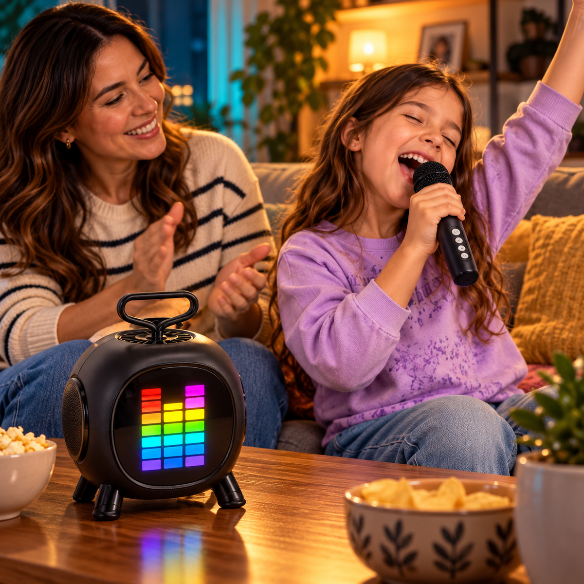 Mini karaoke portátil en una sesión de canto familiar