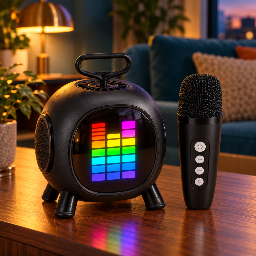 Mini karaoke negro con micrófono inalámbrico y luces LED