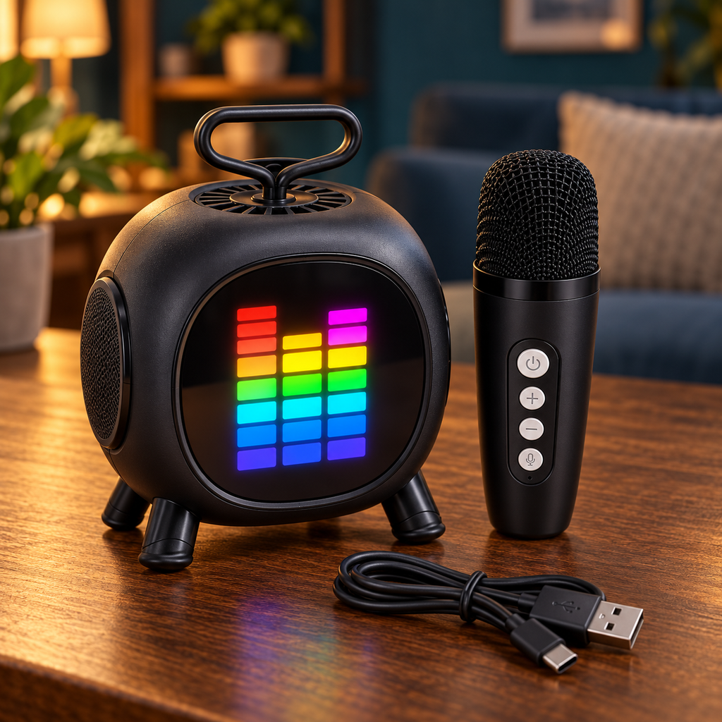 Kit de mini karaoke negro con un micrófono y cable USB-C