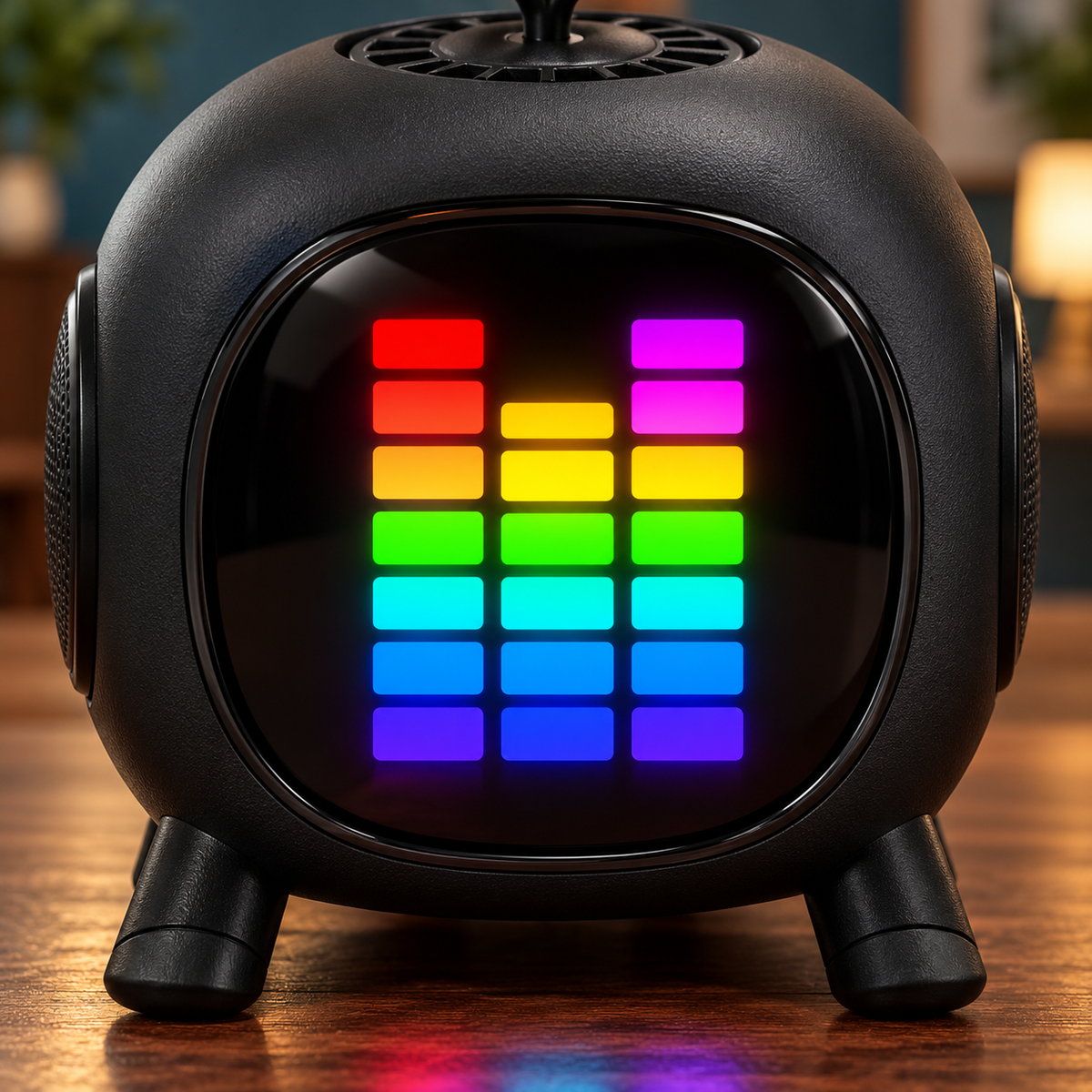 Detalle del panel de luces LED multicolor del mini karaoke