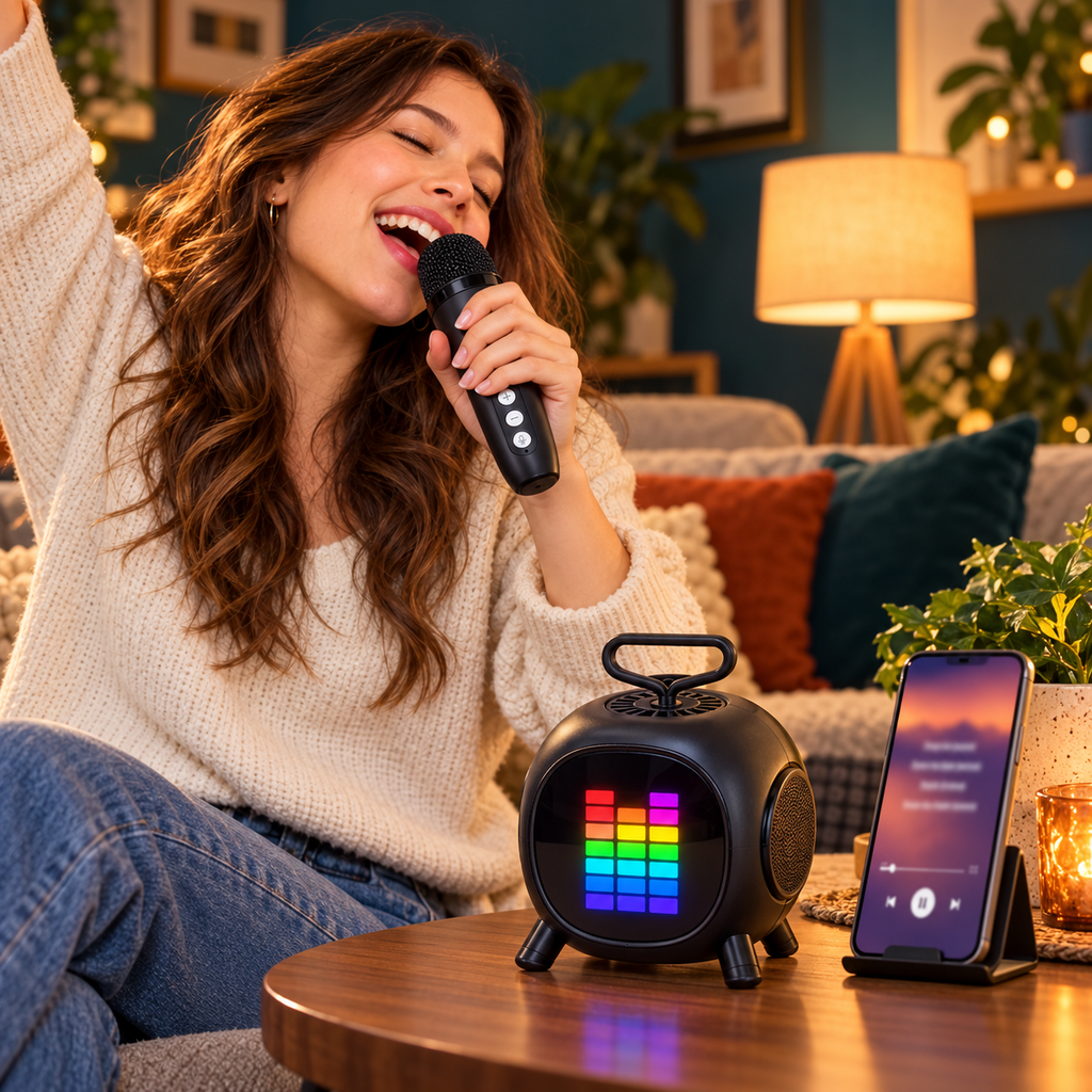 Mini karaoke negro en uso con micrófono inalámbrico y teléfono para seguir las letras