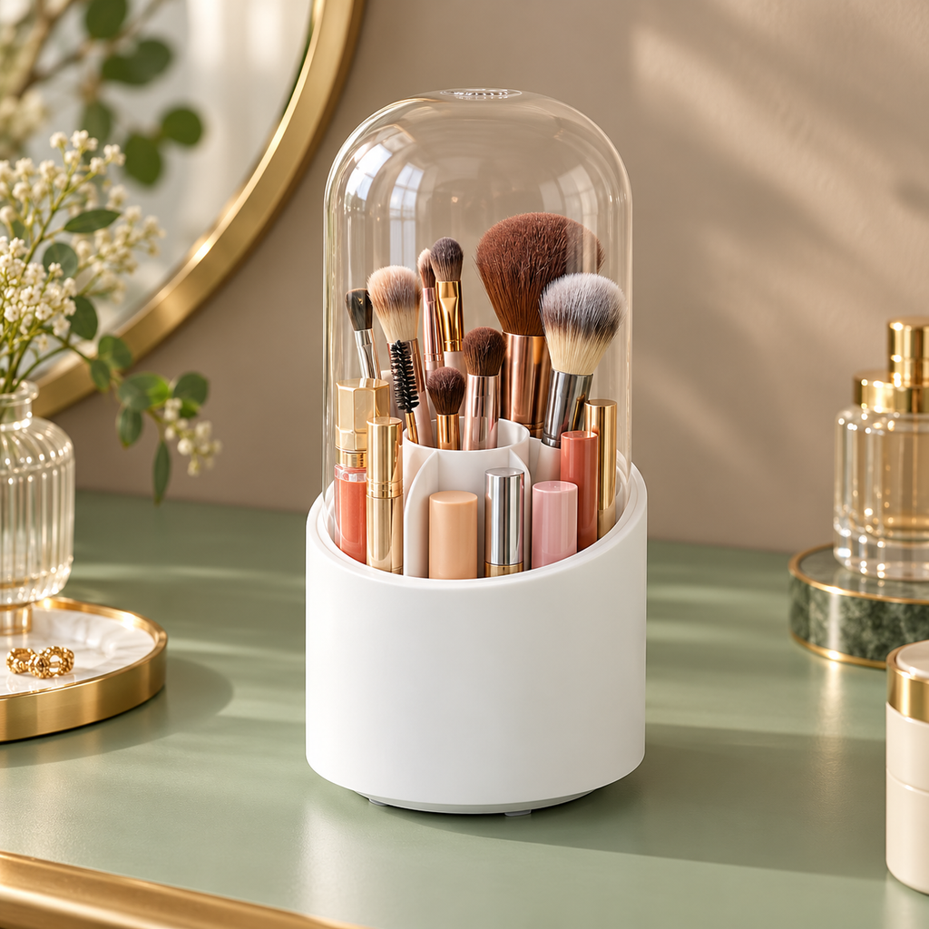 Organizador blanco de maquillaje con tapa transparente cerrada, ambientación en verde salvia