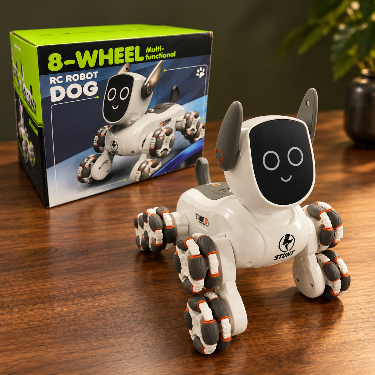 Perro robot blanco junto a su caja verde y negra 8-Wheel RC Robot Dog