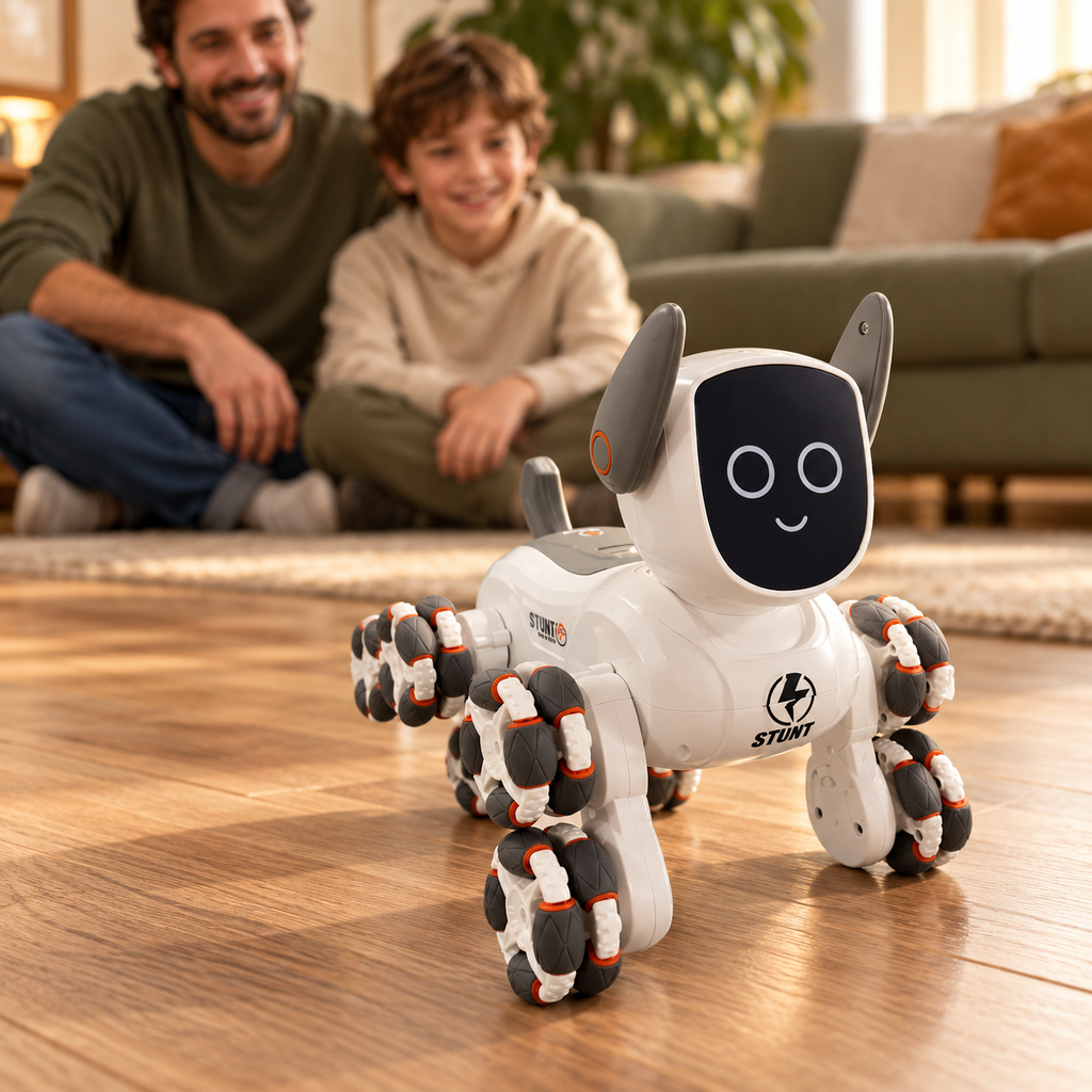 Perro robot Stunt en piso de sala con un adulto y un niño observando al fondo