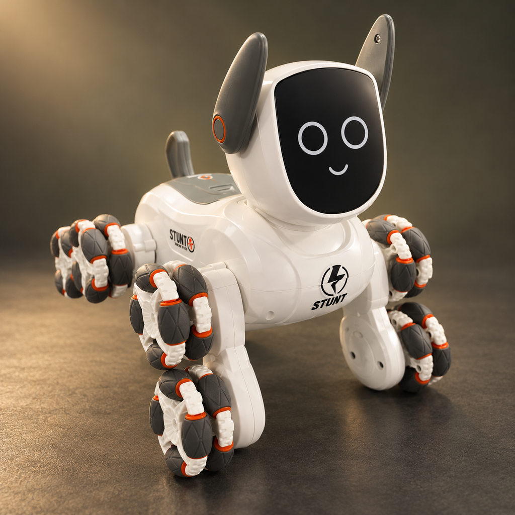 Perro robot Stunt blanco y gris con ocho ruedas multidireccionales