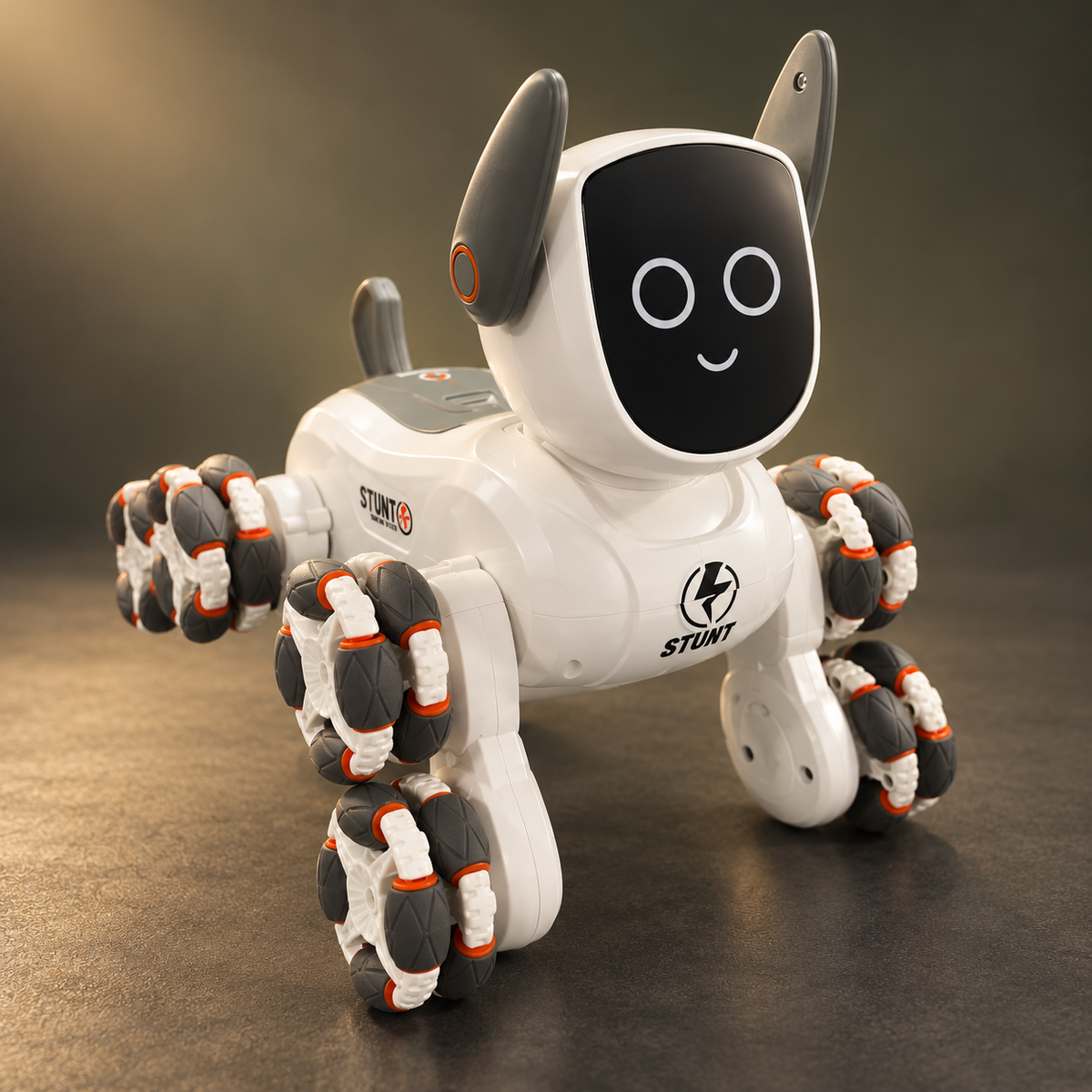 Perro robot Stunt blanco y gris con ocho ruedas multidireccionales
