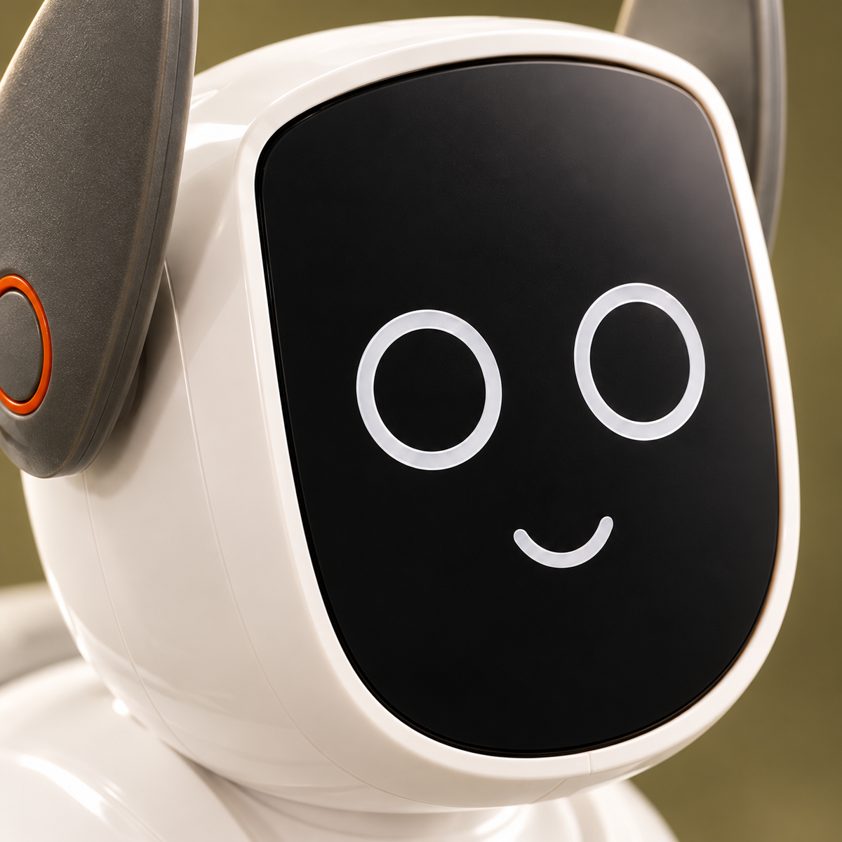 Primer plano de la cara negra del perro robot con ojos circulares y sonrisa blanca
