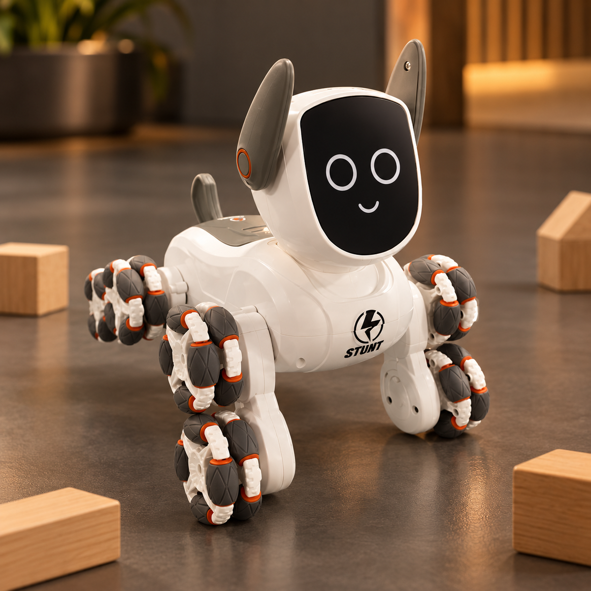 Perro robot Stunt en una zona de juego despejada sobre piso firme