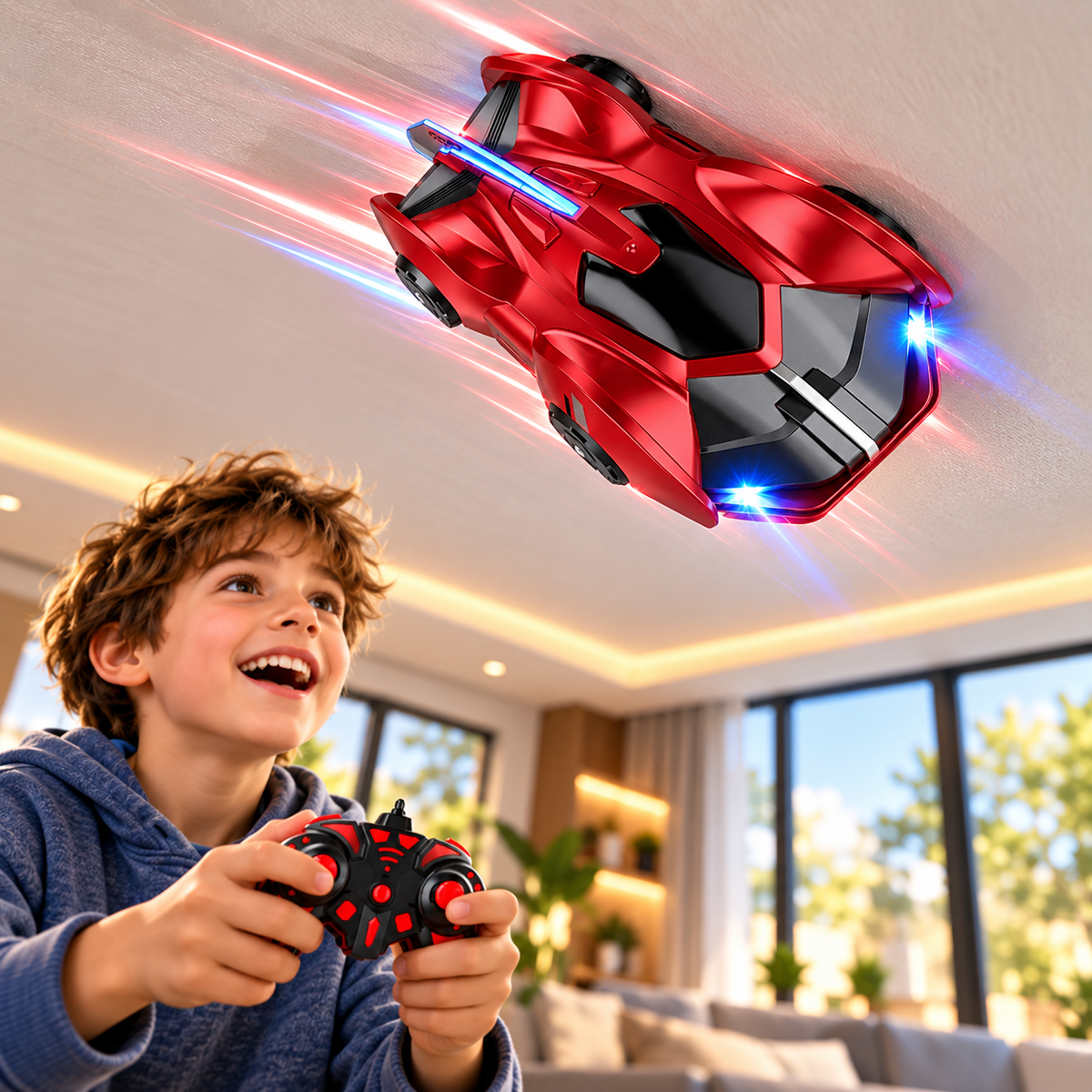 Carro Antigravedad Trepamuros RC rojo desplazándose por el techo