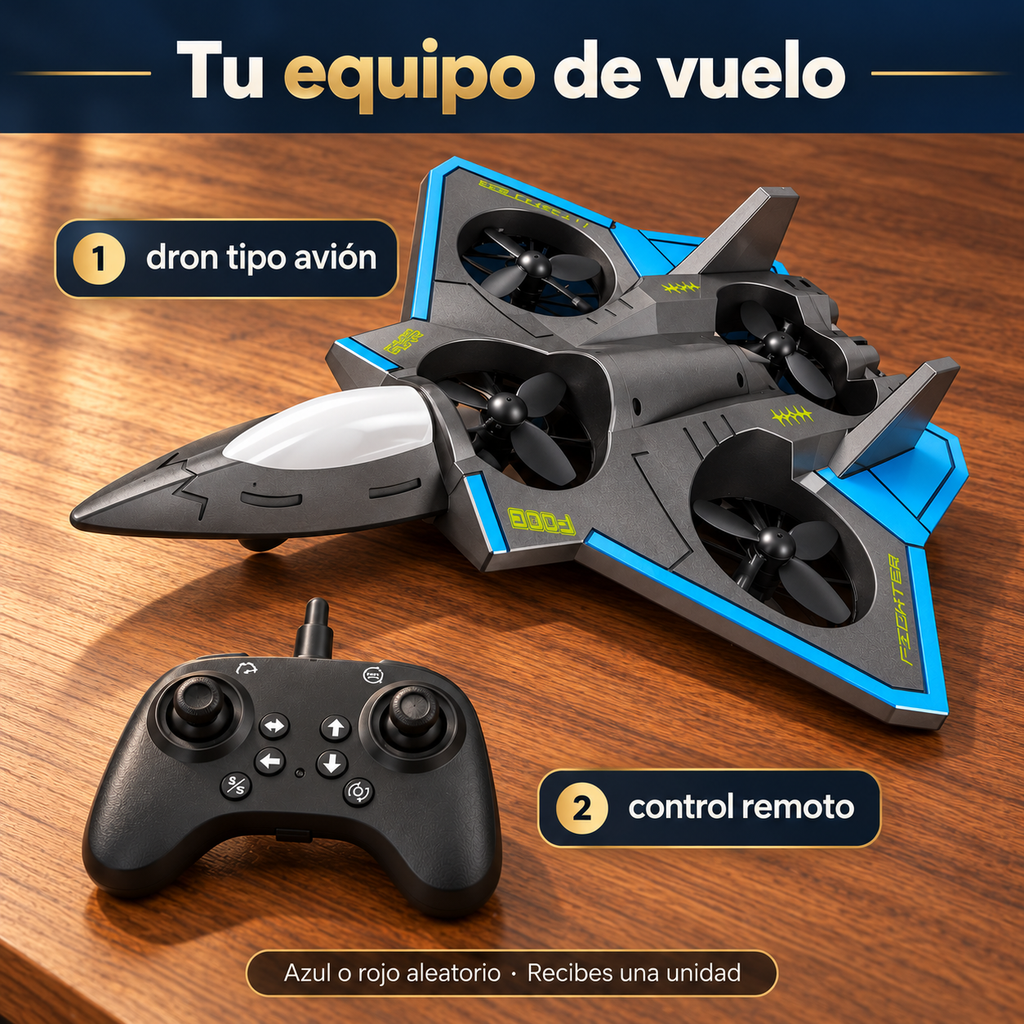 Contenido principal: un dron tipo avión y su control; color azul o rojo aleatorio