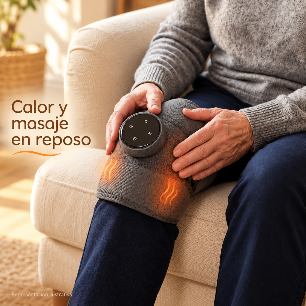 Rodillera colocada en reposo; representación ilustrativa del calor y masaje