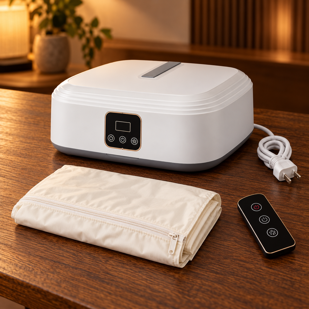 Secadora portátil, bolsa de secado, control remoto y cable de alimentación sobre mesa de madera